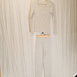 Marks & Spencer Grey Marl Pointelle Knit Soft LS Pajama & Pant Set Sz 9
